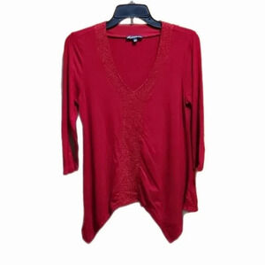 Adrianna Papell Red V-Neck 3/4 Sleeve Asymmetrical Hem Blouse Top Size S